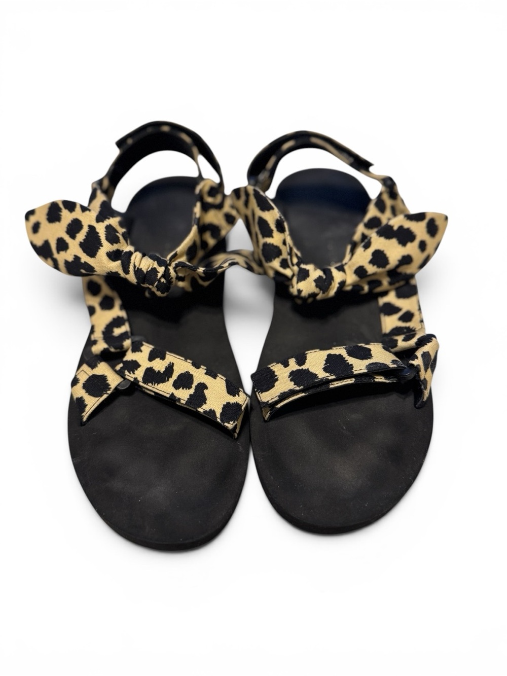 Loeffler Randall Leopard Print Bow Strap Flat Sandals in Black and Tan